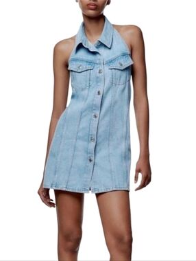 Zara Light Denim Halter Buttoned Down Mini Dress -Size XS